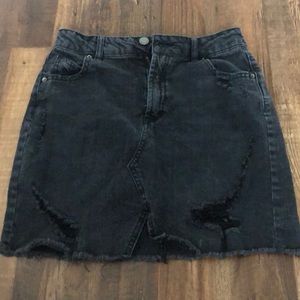 distressed black denim skirt